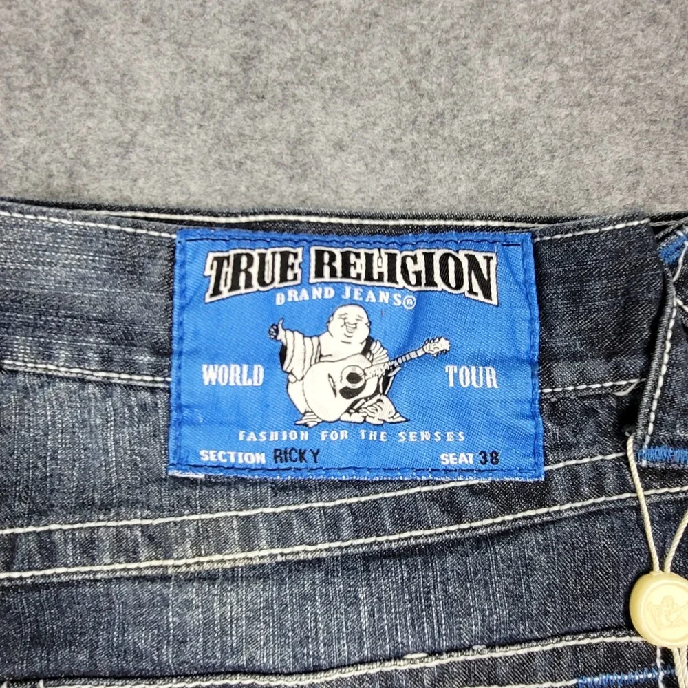 True Religion Ricky Jeans Mens 38x24 Blue Paint Splatter Contrast Stitch USA
